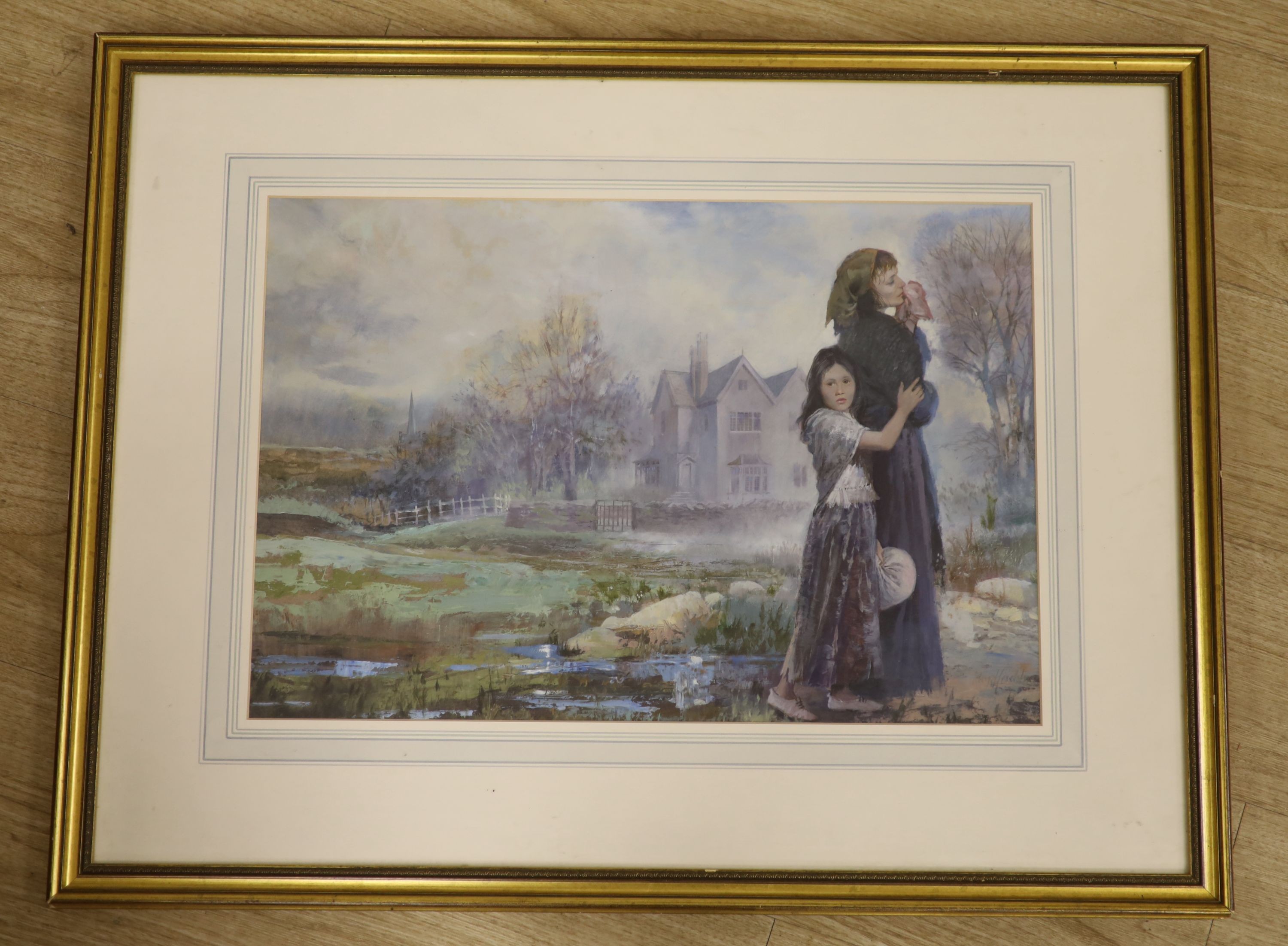 John Heseltine (b.1923), watercolour and gouache, Original illustration destitute mother and child, signed, 38 x 56cm